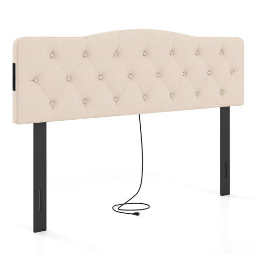 Tufted Upholstered Head Board for Queen and Full Size Bed with 2 AC Outlets-Beige