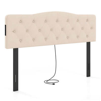 Tufted Upholstered Head Board for Queen and Full Size Bed with 2 AC Outlets-Beige