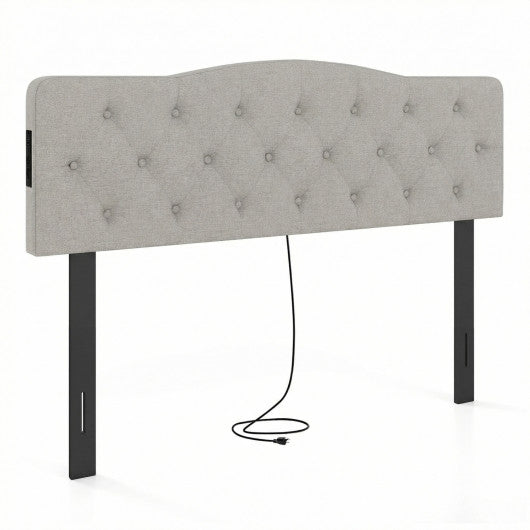 Tufted Upholstered Head Board for Queen and Full Size Bed with 2 AC Outlets-Gray