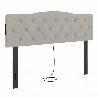 Tufted Upholstered Head Board for Queen and Full Size Bed with 2 AC Outlets-Gray