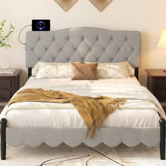 Tufted Upholstered Head Board for Queen and Full Size Bed with 2 AC Outlets-Gray