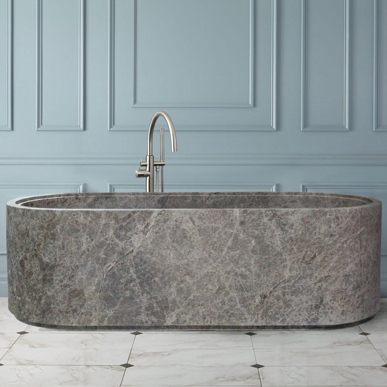 Tundra Gray Marble Bathtub Hand-carved from Solid Marble Block (W)29.5