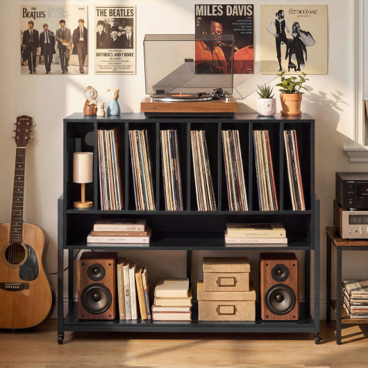 Turntable Stand with Charging Station and Vinyl Storage Shelves-Black