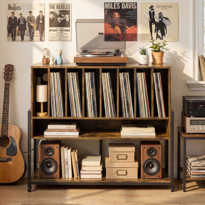 Turntable Stand with Charging Station and Vinyl Storage Shelves-Rustic Brown