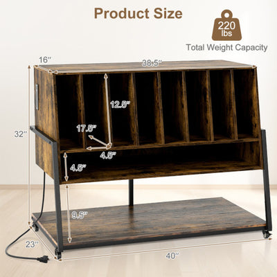 Turntable Stand with Charging Station and Vinyl Storage Shelves-Rustic Brown