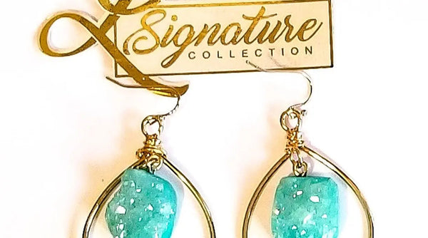 Turquoise Druzy Quartz Gold Hoop Earrings