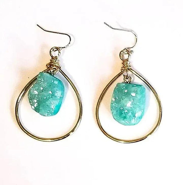 Turquoise Druzy Quartz Gold Hoop Earrings - Gifts for You 'n Me