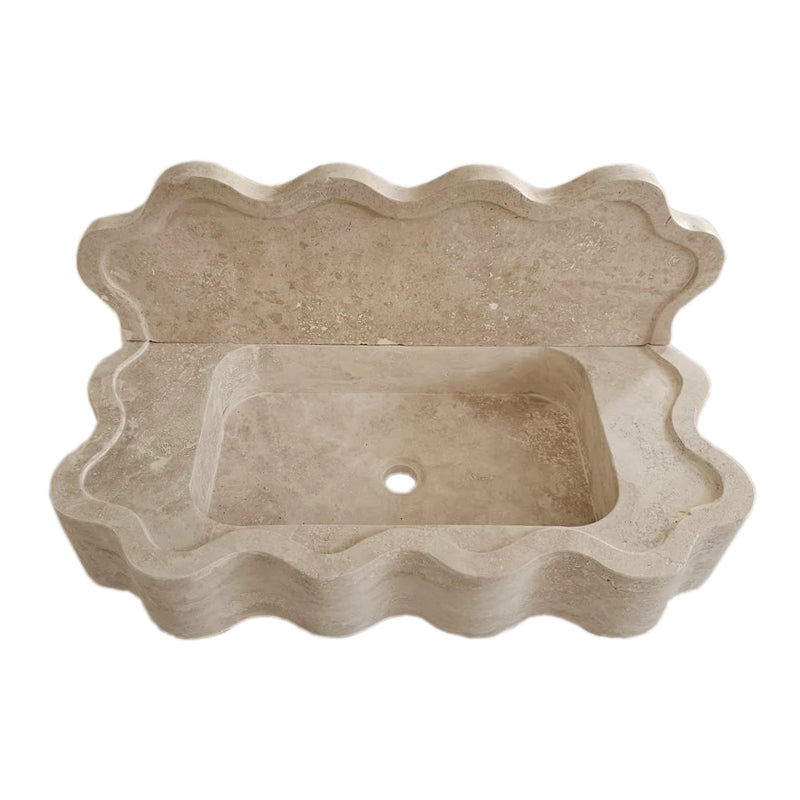 Tuscany Beige Travertine Wall-mount Wavy Edges Bathroom Sink with 5