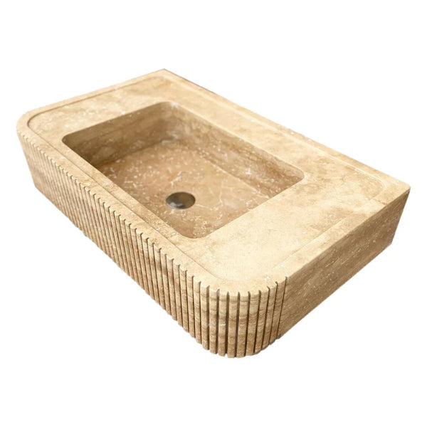 Tuscany Walnut Travertine Wall-mount Bathroom Vanity Sink Ribbed Textured Front luvohome