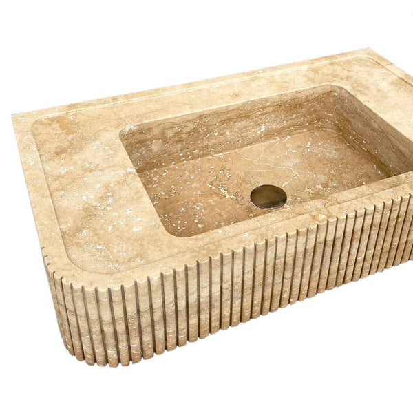 Tuscany Walnut Travertine Wall-mount Bathroom Vanity Sink Ribbed Textured Front luvohome