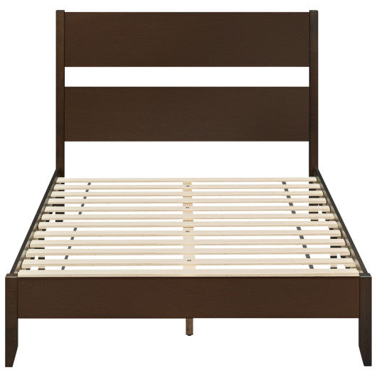 Full Bed Frame with Headboad and Solid Wood Legs 12 Slats-Dark Walnut