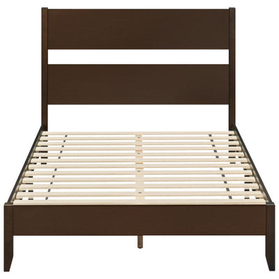 Full Bed Frame with Headboad and Solid Wood Legs 12 Slats-Dark Walnut