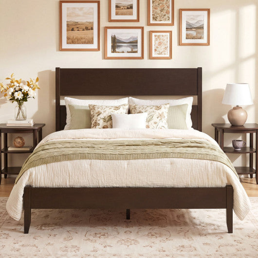 Full Bed Frame with Headboad and Solid Wood Legs 12 Slats-Dark Walnut
