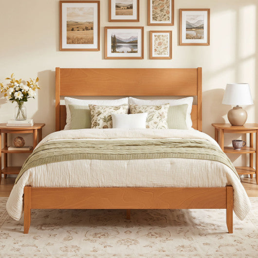 Full Bed Frame with Headboad and Solid Wood Legs 12 Slats-Warm Brown