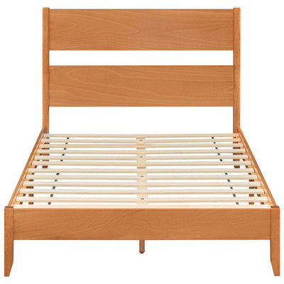 Full Bed Frame with Headboad and Solid Wood Legs 12 Slats-Warm Brown