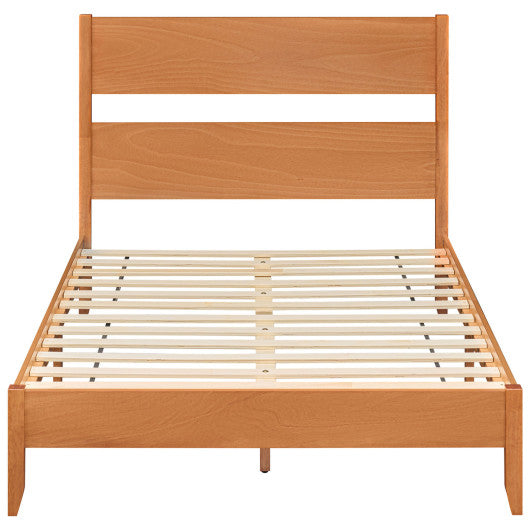 Full Bed Frame with Headboad and Solid Wood Legs 12 Slats-Warm Brown