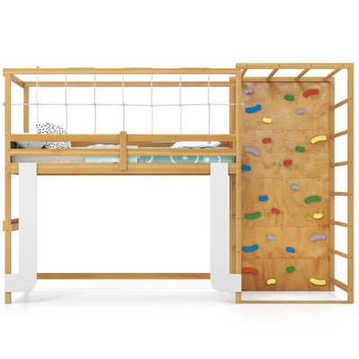 Twin Bunk Bed with Jungle Gym Wooden Loft Bed with Climbing Ladder-Natural