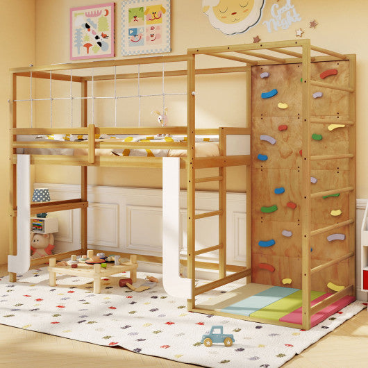 Twin Bunk Bed with Jungle Gym Wooden Loft Bed with Climbing Ladder-Natural