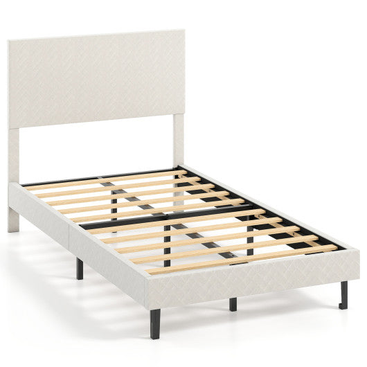 Twin/Full/Queen Size Velvet Bed Frame Upholstered Platform Bed with Chevron Headboard Beige-Twin