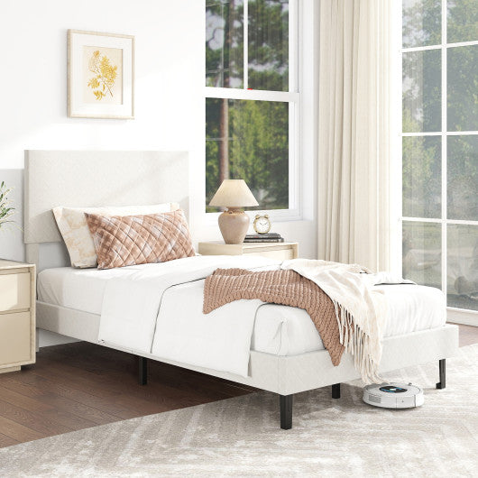 Twin/Full/Queen Size Velvet Bed Frame Upholstered Platform Bed with Chevron Headboard Beige-Twin