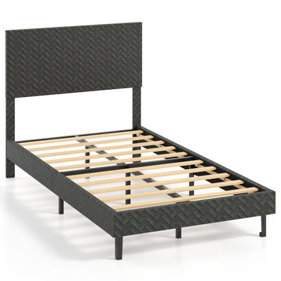 Twin/Full/Queen Size Velvet Bed Frame Upholstered Platform Bed with Chevron Headboard Gray-Twin