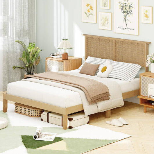 Twin/Full/Queen Size Bed Frame with Rattan Headboard-Full Size