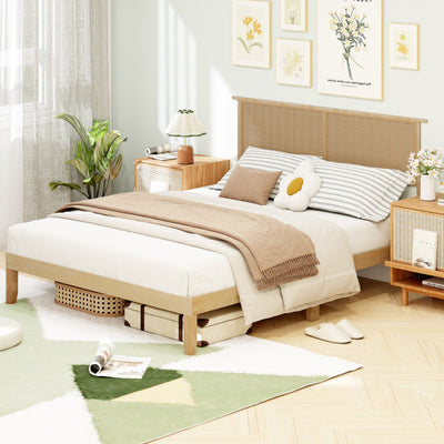 Twin/Full/Queen Size Bed Frame with Rattan Headboard-Queen Size