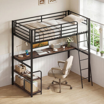 Twin Loft Bed with Desk and Shelves for Kids and Adults-Rustic Brown