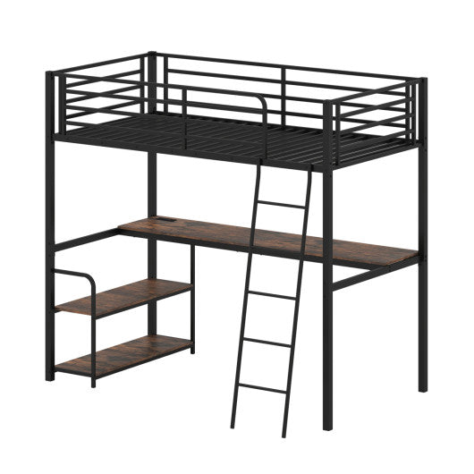 Twin Loft Bed with Desk and Shelves for Kids and Adults-Rustic Brown