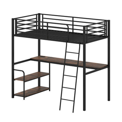Twin Loft Bed with Desk and Shelves for Kids and Adults-Rustic Brown