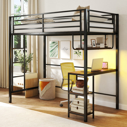 Twin Loft Bed with Desk LED Lights Charging Station Heavy-duty Metal Bed Frame with Guardrail-Black