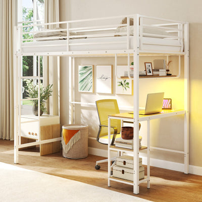 Twin Loft Bed with Desk LED Lights Charging Station Heavy-duty Metal Bed Frame with Guardrail-White
