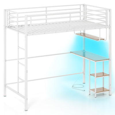 Twin Loft Bed with Desk LED Lights Charging Station Heavy-duty Metal Bed Frame with Guardrail-White