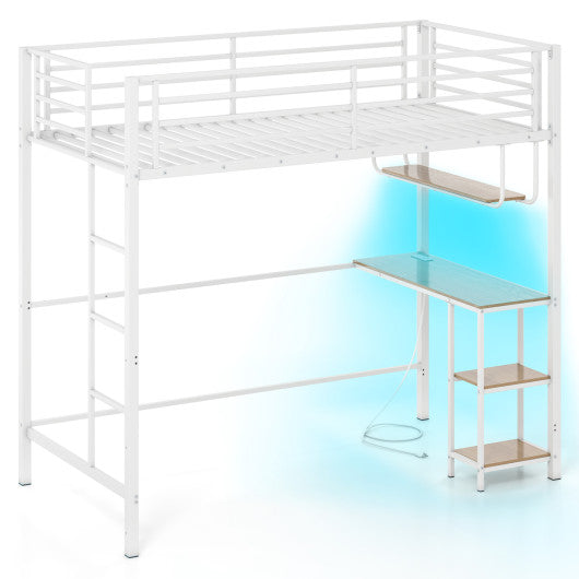 Twin Loft Bed with Desk LED Lights Charging Station Heavy-duty Metal Bed Frame with Guardrail-White