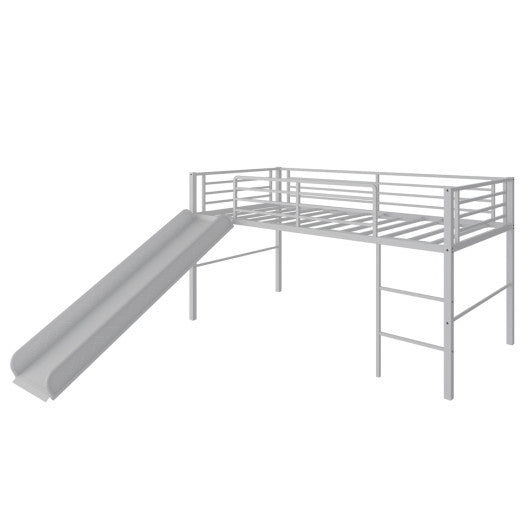 Twin Metal Loft Bed with Slide Safety Guardrails and Built-in Ladder-Silver
