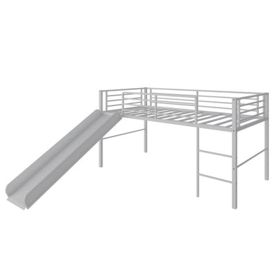 Twin Metal Loft Bed with Slide Safety Guardrails and Built-in Ladder-Silver