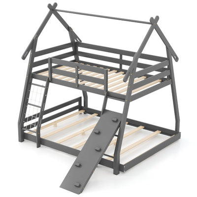 Twin Over Queen Bunk Bed Wooden Kids Bed with Climbing Nets and Ramp-Gray