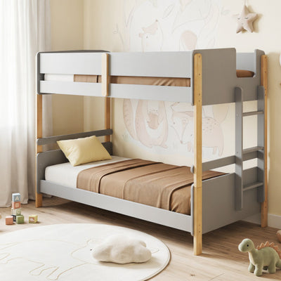 Twin Over Twin Bunk Bed with Ladder Convertible to 2 Twin Beds Toddler Wood Bunk Bed-Grey