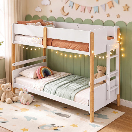 Twin Over Twin Bunk Bed with Ladder Convertible to 2 Twin Beds Toddler Wood Bunk Bed-White