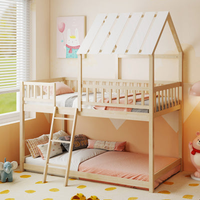 Twin Over Twin House Bunk Bed with Roof and Full-length Guardrails for Kids Teens Boys Girls-Natural