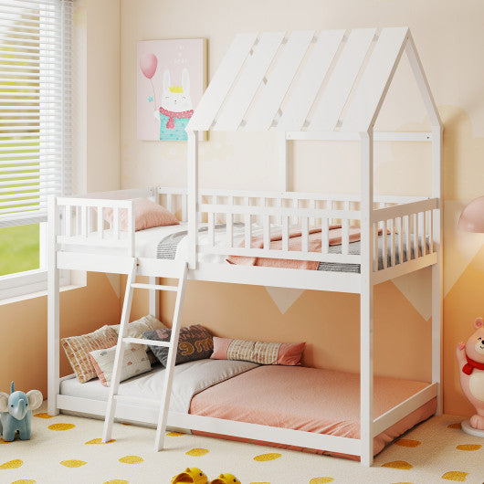 Twin Over Twin House Bunk Bed with Roof and Full-length Guardrails for Kids Teens Boys Girls-White