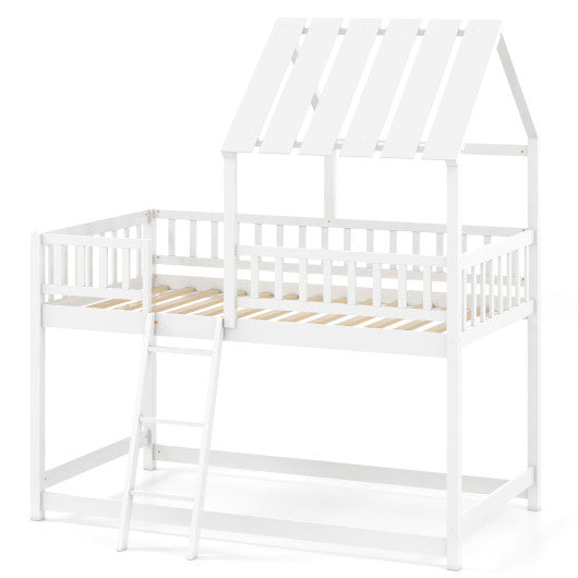 Twin Over Twin House Bunk Bed with Roof and Full-length Guardrails for Kids Teens Boys Girls-White