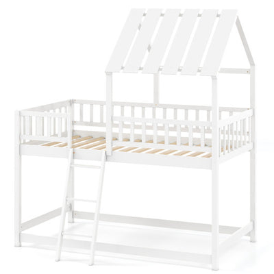 Twin Over Twin House Bunk Bed with Roof and Full-length Guardrails for Kids Teens Boys Girls-White