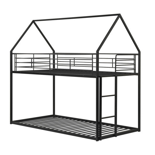 Twin Over Twin Metal Bunk Bed with Roof and Ladder-Black