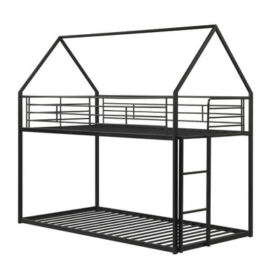 Twin Over Twin Metal Bunk Bed with Roof and Ladder-Black