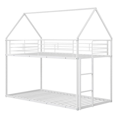 Twin Over Twin Metal Bunk Bed with Roof and Ladder-White