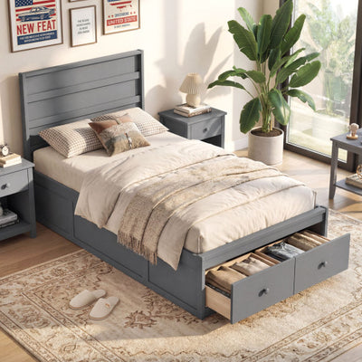 Twin Size Bed Frame with Storage Drawers and Headboard-Gray