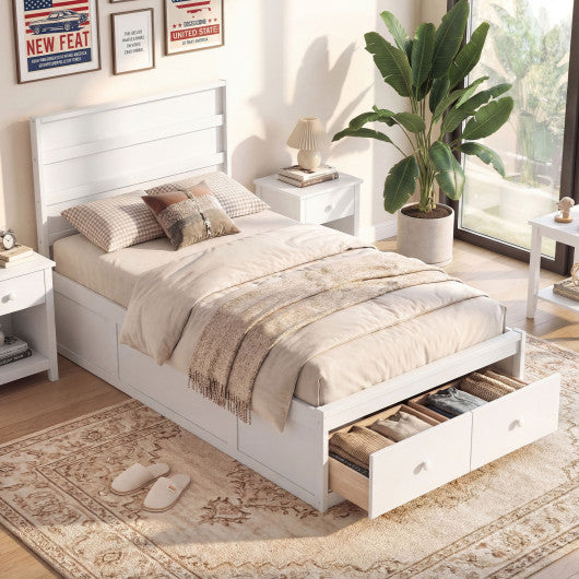 Twin Size Bed Frame with Storage Drawers and Headboard-White