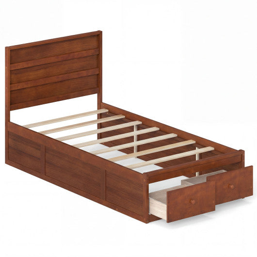 Twin Size Bed Frame with Storage Drawers and Headboard-Walnut