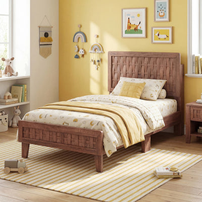 Twin Size Bed Frame Mid Century with Woven Accent Headboard